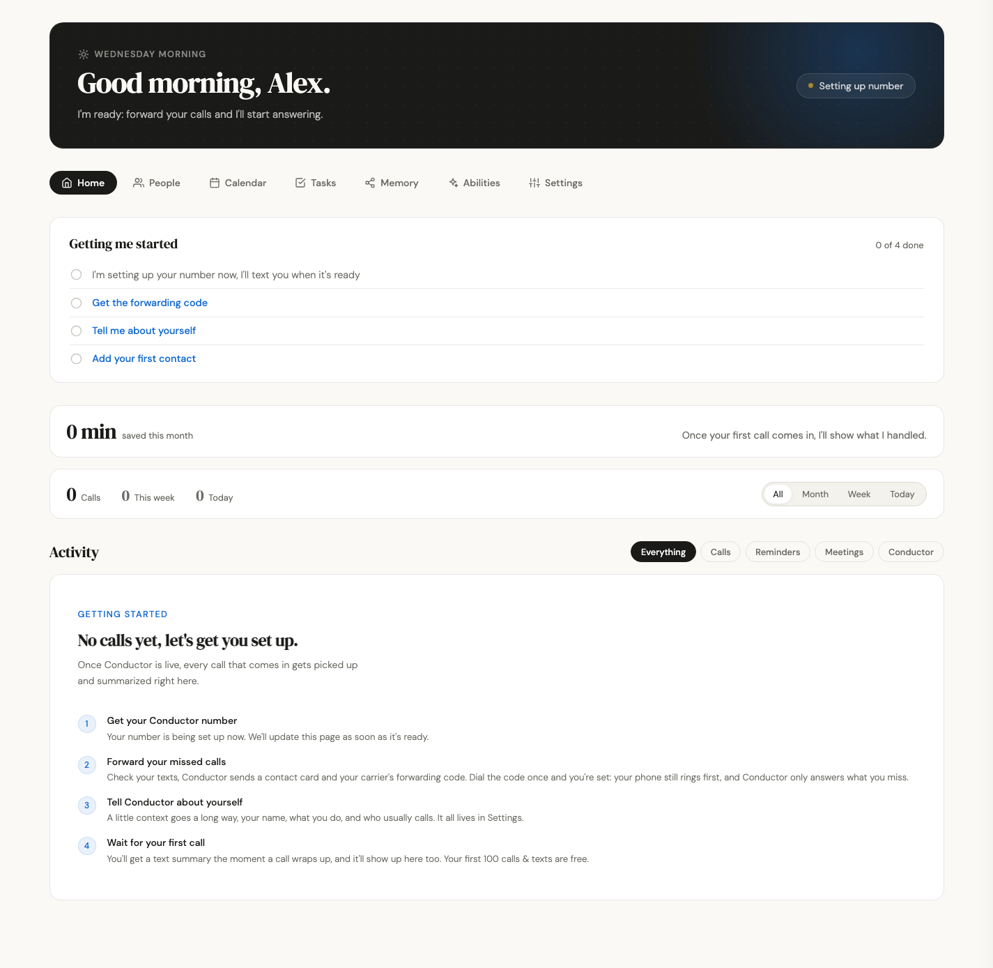 Fresh Conductor dashboard showing dedicated-number setup, call forwarding, call count, and the activity area where call summaries appear.